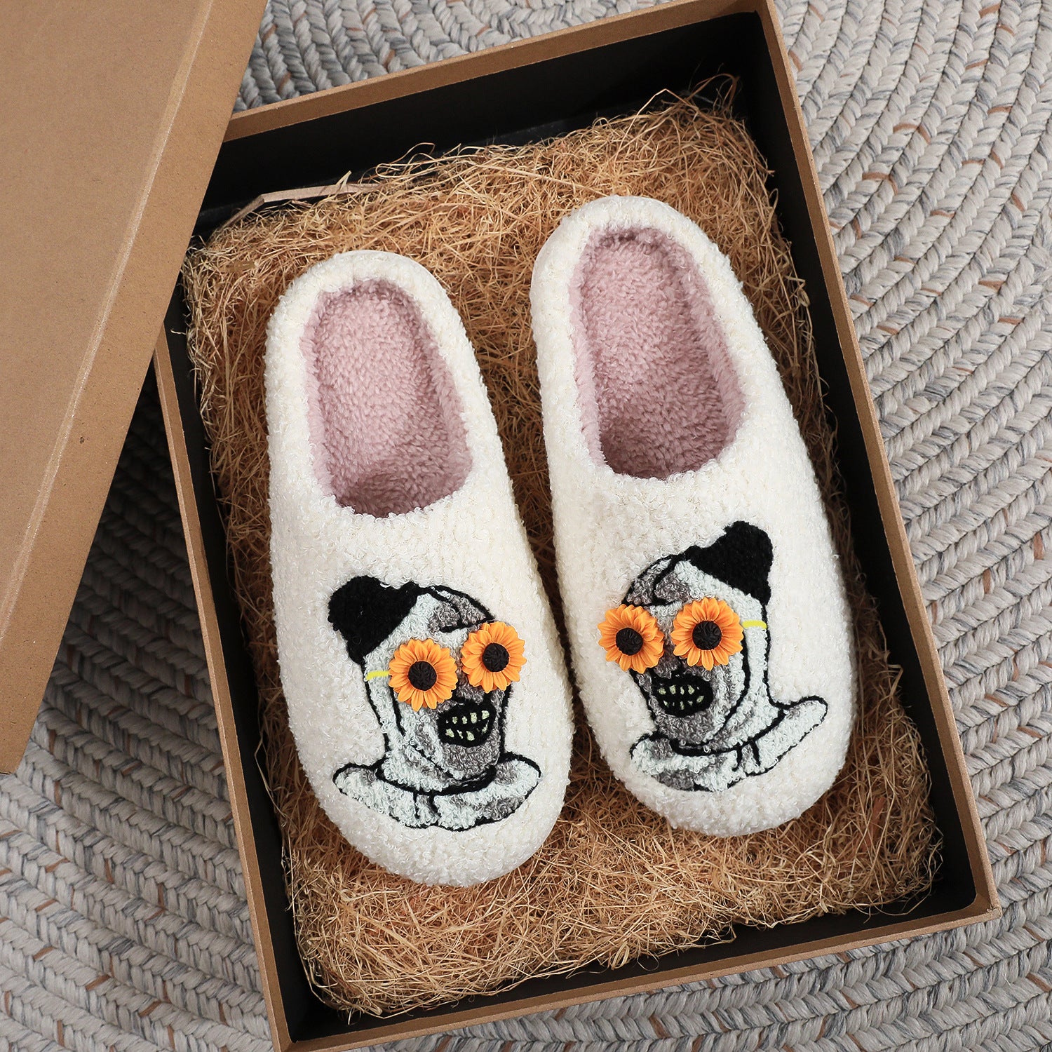 Wholesale Halloween Christmas Horror Night Horror Clown Embroidered Cotton Slippers Men's and Women's Autumn and Winter Plaid Wool Slippers